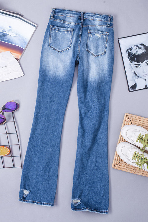 Blue Sequin Bowknot Print Distressed Flared Jeans